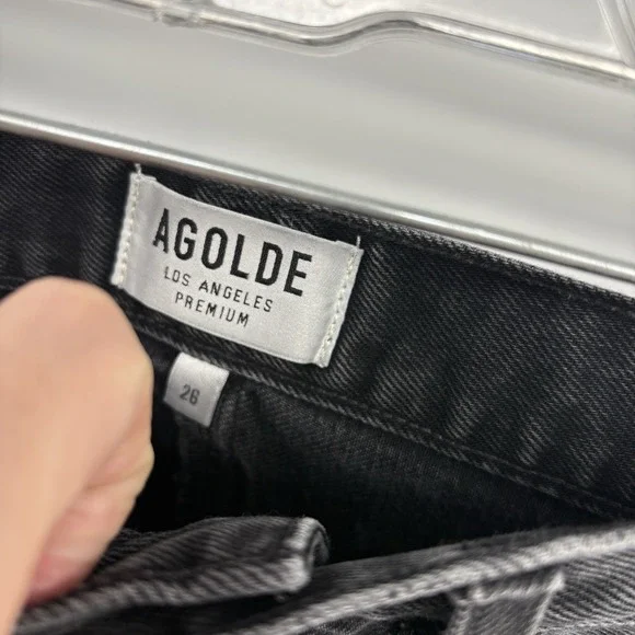 AGOLDE Black Distressed Denim Mini Skirt Raw Frayed Hem Button Fly USA‎ Women 26 - Picture 4 of 6